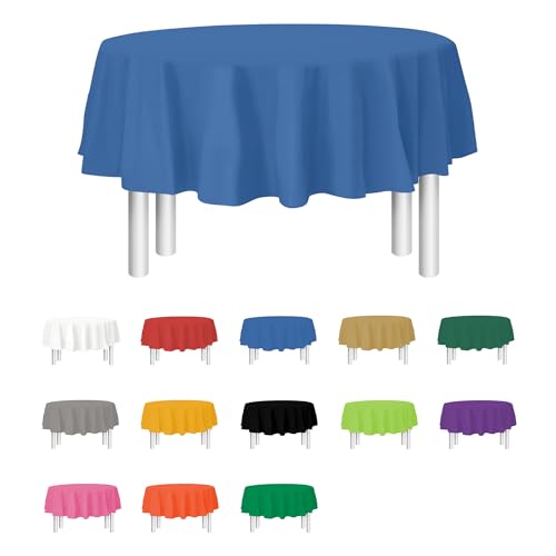 Party Dimensions Blue Disposable Plastic Tablecloth for Round Tables (12 Pack) 84 inches Table Cloths for Parties, Events & Weddings, Indoors & Outdoors, Plastic Table Cover