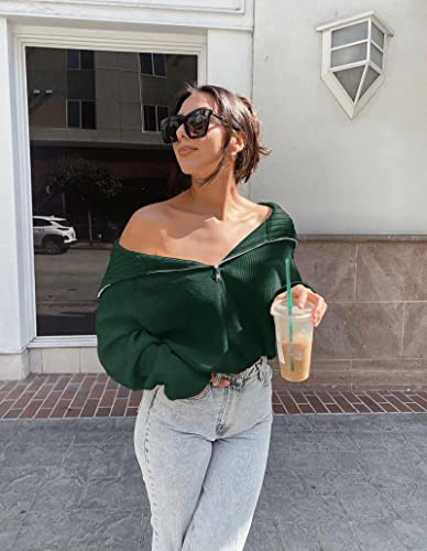 Btfbm Women’s Casual Long Sleeve Half Zip Pullover Sweaters Solid V Neck Collar Ribbed Knitted Loose Slouchy Jumper Tops(Solid Green, Medium) #TOP1