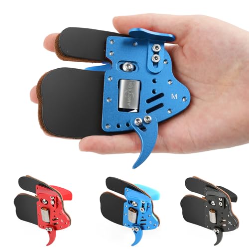 SHARROW Bogenschießen Fingertab aus Aluminium Platte Echtes Leder Fingerschutz Handschutz Einstellbare Schießhandschuhe Schutzausrüstung Finger Tab für Recurve Bogen (Blau+Schwarz, L)