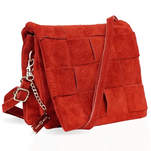 CHARO GARCIA. Suede Leather Handbag with Removable Strap. Crossbody Purse for Woman Made in Italy. Size 9 in x 7 in. (Red)