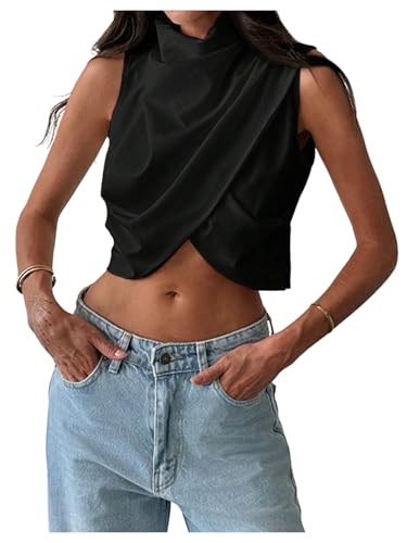 Floerns Women's Wrap Front Sleeveless Shirts Mock Neck Ruched Blouse Crop Tops Black Large