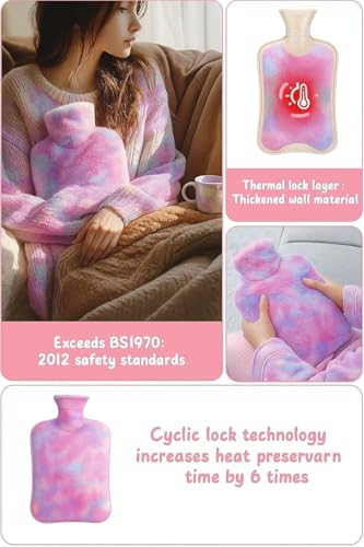Image of Hot Water Bag with Soft Plush Cover 2000ml, Medical Grade Silicone Hot Water Bottle for Period Cramps, Hot & Cold Therapy, Back Pain, Muscle Aches, Body Relaxation Heating Pad (Rainbow Swirl)