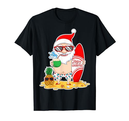 Summer Christmas in July - Tropical Santa Surfing Hawaiian Camiseta