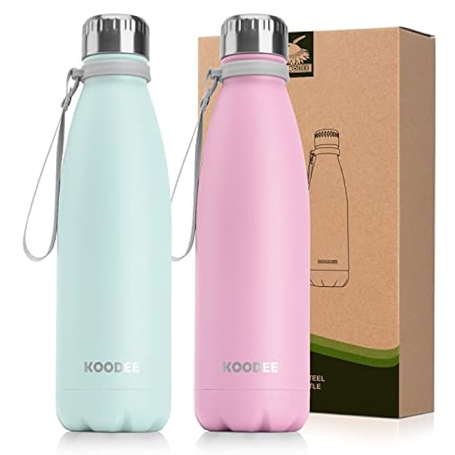 koodee Kids Insulated Water Bottle 2 Pack-17 oz Stainless Steel Double Wall Vacuum Insulated Water Bottle for School, Cola Shape Leak Proof Sports Flask (Aquamarine Blue-Sky Blue)