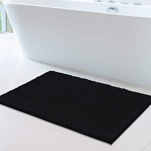 Soft Plush Chenille Bathroom Rug, Absorbent Microfiber Bath Mat, Machine Washable, Non-Slip Grip, Quick-Dry, Thick Shag Carpet Great For Bath, Shower Floor, Bedroom, Or Door Mat (Black, 24X39) #TOP30