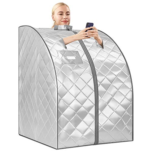 VIVOHOME Portable Infrared One Person Sauna with 60 Minutes Timer, Foldable Chair, Heating Footpad and Tourmaline Stones for Home Spa Detox Therapy, Silver