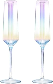 Gutsdoor Crystal Champagne Flutes Glass Set of 2 Iridescent Champagne Glass Flutes Wedding Christmas Valentine Cheers Champagne Flutes