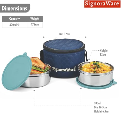 Image of SignoraWare Big Meal Stainless Steel Container Set | Airtight & Leakproof | Durable & Rust-Free | Ideal for Office, School, Home & Outdoor Use (800ml+800ml | Set of 2 | EBlue)