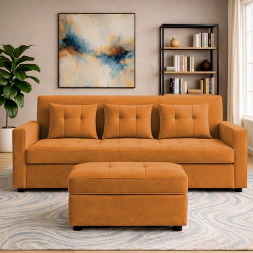 Image of Emilio 3 Seater with Ottomon Pull-Out Sofa Cum Bed (Orange Color) Premium Fabric Sofa Set for Living Room | Bedroom