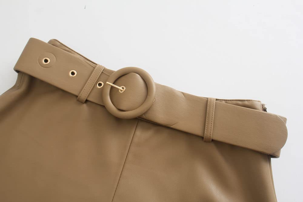 Gonne da Donna,Gonna Longuette da Donna Gonna in Pelle Plissettata Pu A Vita Alta Color Cachi con Cerniera Cintura Autunno A-Line Altalena Gonne Lunghe Moda Increspato per Ragazze Signore,XS