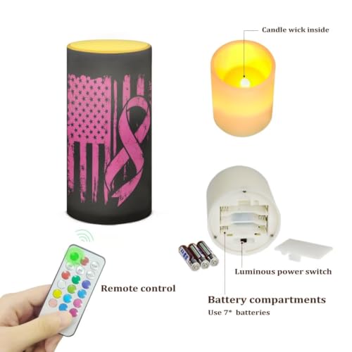 Image of Poceacles Flameless LED Candle Battery Powered Votive Lights Realistic Pillar Candle Decorative Tea Lights for Breast Cancer Awareness Indoor Outdoor Decor, Pink Ribbon American Flag Black