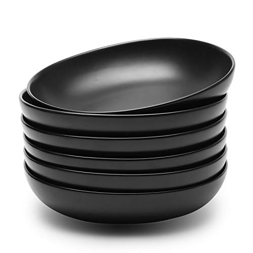 Teocera Wide And Shallow Porcelain Salad And Pasta Bowls Set Of 6-24 Ounce Microwave And Dishwasher Safe Serving Dishes, Matte Black #TOP14