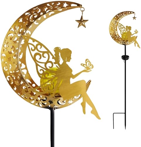 Image of XERGY Solar Powered Garden Decor Metal Fairy Moon Stake Light Statue with LED Glow Ball - Waterproof, Outdoor Decor Light, Auto Dusk to Dawn Sensor, Ideal for Lawn,Terrace & Balcony (Warm White)