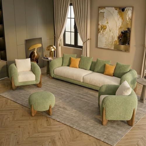 Image of Modern Sofa, Teddy Fabric, Chesterfield Style, Wooden Legs, for Living Room, Bedroom, Hallways (Olive Green - Cream, 3+1+1+Ottoman)
