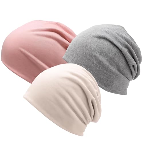 GakQll 3er Pack Chemo Kopfbedeckung Damen Sommer Beanie Damen Atmungsaktive Schlafmütze Beanie Mütze für Joggen Fahrradfahren Schlafen Schwarz Rosa Beige