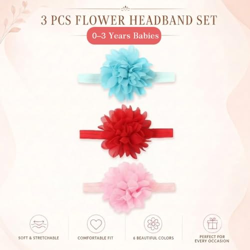 Image of Babymoon Set of 3 | Plain Flowers Soft Synthetic Hairbands for Baby Girls, Infants and Toddlers Headbands | Pink-Red-Yellow