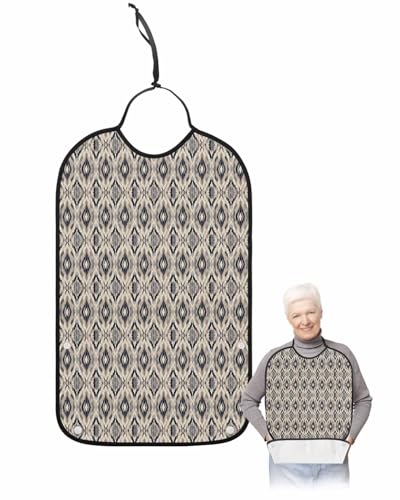 LEOKOTI Vintage Ethnic Boho Adult Bibs for Eating, Waterproof Bibs with Food Catcher & Adjustable Snap Closure, Beige Brown Geometric Abstract Art Washable Clothing Protectors Adult Bibs for Elderly
