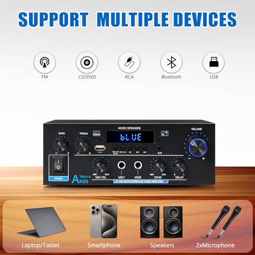 WOOPKER AK55 Stereo Audio Amplifier with Bluetooth 5.0,450W Max Home 2.0 Channel Power Stereo Amplifier Receiver System for Karaoke,Home Theater Speakers W/USB,RCA,AUX,Echo,Coax,2MIC in