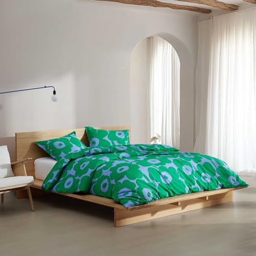 Image of MARIMEKKO - Queen Duvet Cover Set, Soft Cotton Bedding for Year Round Comfort, 3 Piece Floral Bed Set with Matching Pillowcases (Unikko Green)