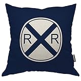 Moslion Throw Pillow Cover Traffic Sign 18x18 Inch Train Railroad Crossing Dark Blue White Square Pillow Case Cushion Cover for Home Car Decorative Cotton Linen
