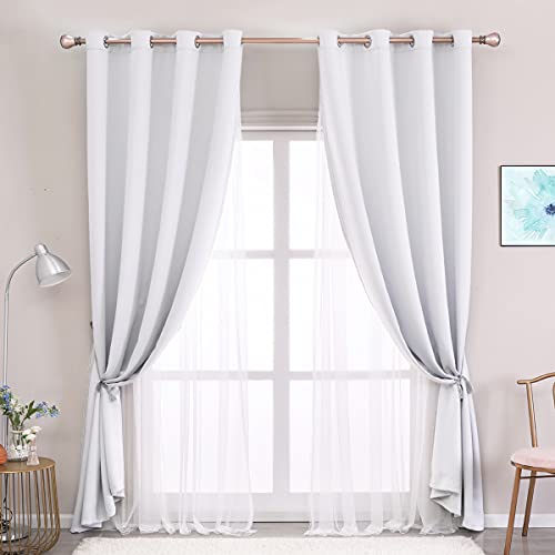 Image of Greyish White Blackout Curtains Set - Double Layers Voile Sheer Light Blocking Draperies with Tie-Backs for Bedroom Windows, 52 x 54 inches, 2 Pieces
