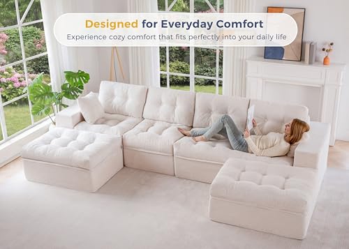 Image of MAXYOYO 132 inch U Shaped Modular Sectional Sofa with 2 Ottomans, Cloud Boneless Couch with Layered Cushion, Flexible Module Combination Sofa for Living Room, No Assembly Required, Beige