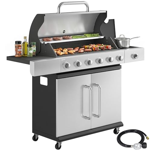 Outsunny 6 Burner Propane Gas Grill with Side Burner 63 000 BTU Stainless Steel Barbecue Grill with Cast Iron Grates Wheels Warming Rack Side Tables Cabinet for Outdoor Kitchen Backyard Barbecue