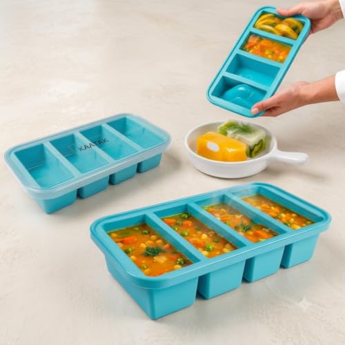 Image of BPA Free Silicone Freezer Storage Container with lid - Airtight and Leakproof, Food Grade, Reusable,Microwave & Freezer Safe (Light Blue, 4 Partition)