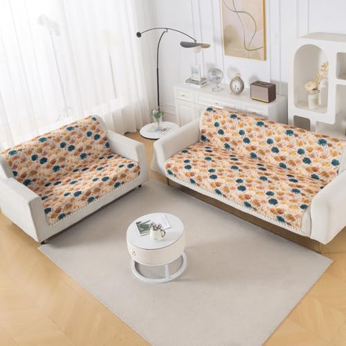 Image of HOKIPO Boho Wildflower Quilted Sofa Cover 3 Seater and 2 Seater with Tassels Set - 5 Seater Sofa Cover (3+2) for Seat & Back | 'Tassel Twigs' Series (IN-991-T11 + IN-990-T11)