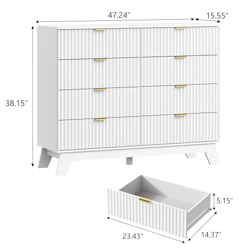 Image of Wodeer 8 Drawer Fluted Dresser for Bedroom, Mid Century Modern Dresser with 8 Drawers, Dressers & Chests of Drawers with Metal Handle, TV Stand & Storage Organizer for Entryway, Hallway, White