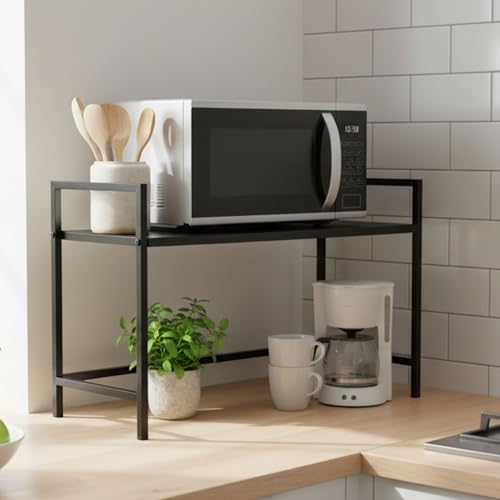 Image of RIZIK STORE Metal Adjustable Microwave Oven Stand for Kitchen Platform | 2-Tier Microwave & OTG Stand | Heavy Duty Organizer Rack | Powder Coated | Black | CRC Steel