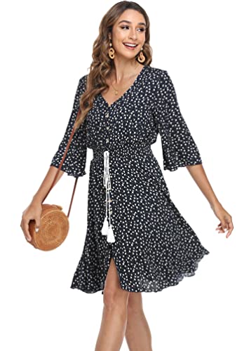 Image of VintageClothing Women's Floral Sundresses Flowy Boho Summer Beach Dress | Lightweight Breathable material,Elegant V Neck and Button Front Design,Flared Bell Sleeve Cut,Mini Casual dress