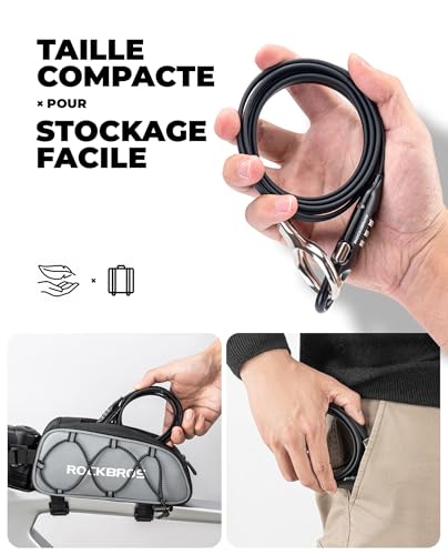 ROCKBROS Candado de Cable Acero Antirrobo 150cm, Candado Combinación Seguridad para Bicicleta Moto Casco Patinete Eléctrico, Cable Largo Doble Anillo con 3 Dígitos - imagen 4