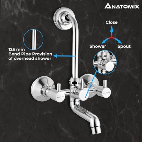 Image of ANATOMIX Oreo Brass Wall Mixer for Bathroom with Stainless Steel 125mm Long L-Bend Provision for Overhead Shower, Chrome Finish (Bath Mixer System)