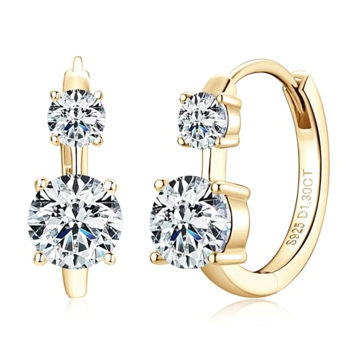 Moissanite Huggie Earrings for Women, 14K Gold Plated 925 Sterling Silver Hoop Earrings Hypoallergenic, 2.6Cttw D Color VVS1 Round Cut Moissanite Hoops Earring Jewelry Gifts for Women Men