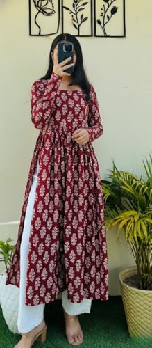 Image of Women's Cotton Nayra Cut Kurti for Women | Full Sleeves Printed Long Kurta | Stylish Flared Ethnic Wear Kurti, Casual & Festive Occasion