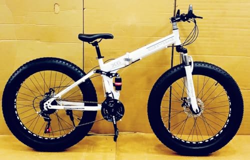 Image of Sunspeed Unisex Folding Mountain Bike | 21-Speed Gear | Double Disc Brakes | Fat Magnesium Tires | Carbon Steel Frame | 26-Inch White