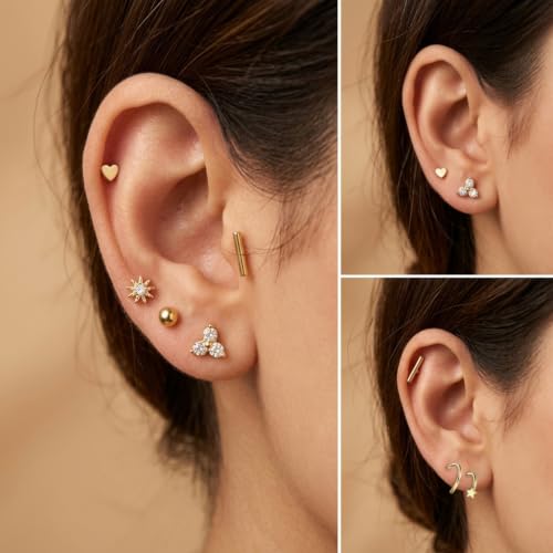 Image of SANNIDHI 10 Pairs Earrings Set for Women Small Stainless Steel Studs | Gold Rhinestones Star Helix Earring Hypoallergenic Dainty Hearts Cartilage Earrings Combo for Multiple Piercing