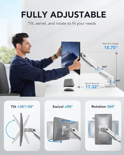 HUANUO Single Monitor Mount, 13 to 32 Inch Gas Spring Monitor Arm, Adjustable Stand, Vesa Mount with Clamp and Grommet Base - Fits 4.4 to 19.8lbs LCD Computer Monitors