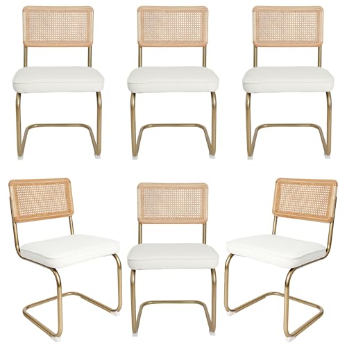 CangLong Modern Velvet Dining Chairs, Upholstered Rattan Dining Room Chairs with Natural Cane Back & Stainless Chrome Base for Living Room, Waiting Room, Set of 6, White