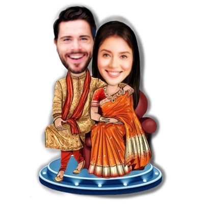 Personalized Caricature Gift For Couple | Custom 2 Photos | Engagement & Wedding Anniversary Wooden Cutout | 9 X 6.5 Inch Multicolour Decor