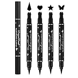Lot de 4 tampons 2 en 1 à double extrémité pour eyeliner - Noir - Aspect œil de chat - Imperméable - Anti-taches - Graphique (quadrilatère, cœur, étoile, papillon)