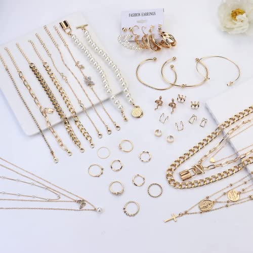 JeryWe 46 Stück Schmucksets für Damen mit 3 PCS Halskette 12 Stück Armbänder 9 Stk. Achsschenkel Ringe 10PCS Ear Cuff Ohrklemme Ohrringe und 12 Stk Vergoldete Ohrringe Schmuck-accessoires – Bild 5