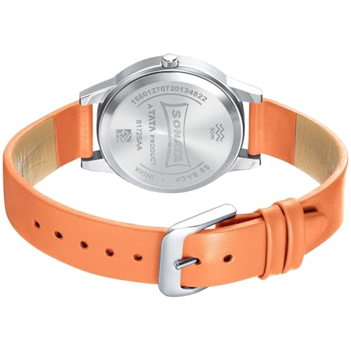 Image of Sonata Excl Fkt Plain 3 Hands Silver Round Dial Orange A1Leather Strap Women's Watch - 8172SL04