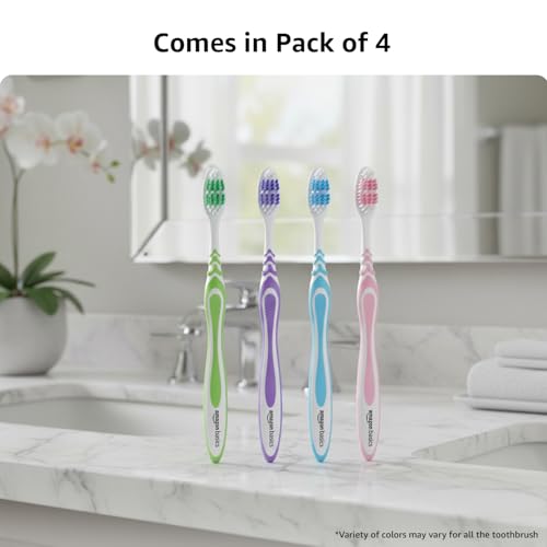 Image of Amazon Basics MultiPro ZigZag Toothbrush for Adults, Multicolour | 12-Count (4 x 3 Packs) | Soft Bristles for Deep Cleaning, Plaque Removal & Gentle Gum Care