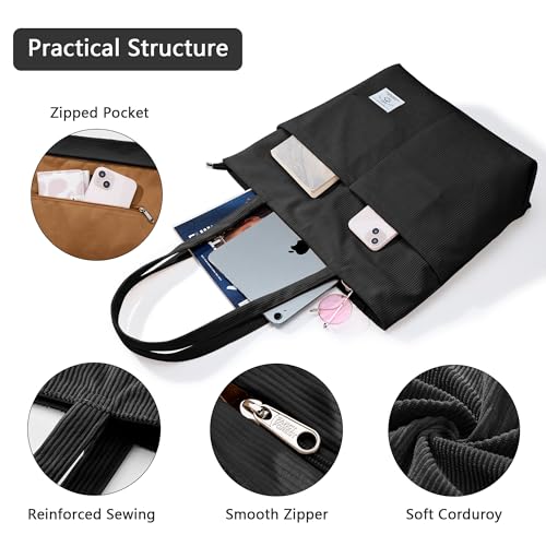 Image of KALIDI Women Corduroy Tote Bag Zipper Casual Tote's Handbag Big Capacity Shoulder Bag with Pockets