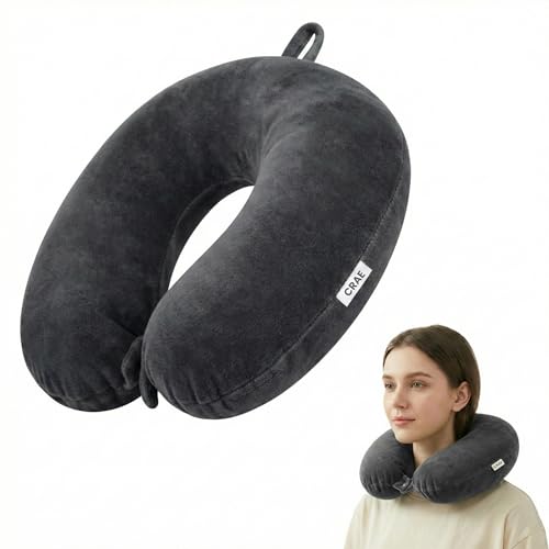 Image of CRAE Travel Neck Pillow for Men & Women | Soft Fibre Cushion for Flight, Car & Train | Soft Velvet Fabric with Attachable Snap Strap | Cervical Support for Neck Pain Relief.Pack of 1(Grey)