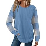 LAYHTKTL Sweaters for Women Western Outfit Waffle Knit Tops Thermal Shirts Crew Neck Sweatshirts Teacher Early Fall Fashion 2025 Blue S