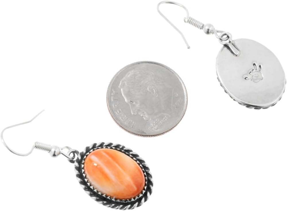 Native American Spiny Oyster Oval Sterling Dangle Earrings Twist Wire Rope French Hook Design 0704