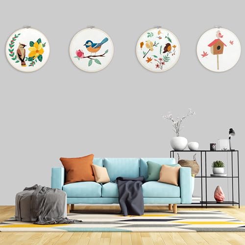 Image of Bonroy 4 Sets Embroidery Set for Beginners, Art Craft, Easy Sewing, Includes Embroidery Clothing, Pattern, Embroidery Hoop, Instruction Manual, Colorful Thread Needles Set (6 Pieces)